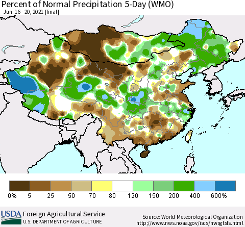 China, Mongolia and Taiwan Percent of Normal Precipitation 5-Day (WMO) Thematic Map For 6/16/2021 - 6/20/2021