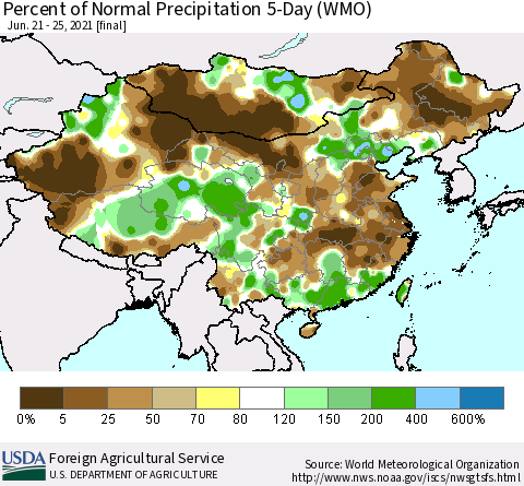 China, Mongolia and Taiwan Percent of Normal Precipitation 5-Day (WMO) Thematic Map For 6/21/2021 - 6/25/2021