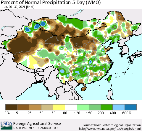 China, Mongolia and Taiwan Percent of Normal Precipitation 5-Day (WMO) Thematic Map For 6/26/2021 - 6/30/2021
