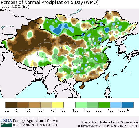 China, Mongolia and Taiwan Percent of Normal Precipitation 5-Day (WMO) Thematic Map For 7/1/2021 - 7/5/2021