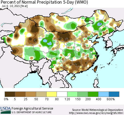 China, Mongolia and Taiwan Percent of Normal Precipitation 5-Day (WMO) Thematic Map For 7/6/2021 - 7/10/2021