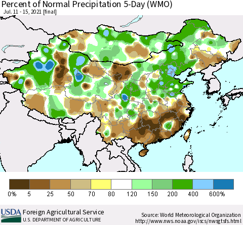 China, Mongolia and Taiwan Percent of Normal Precipitation 5-Day (WMO) Thematic Map For 7/11/2021 - 7/15/2021