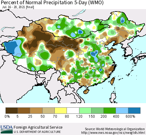 China, Mongolia and Taiwan Percent of Normal Precipitation 5-Day (WMO) Thematic Map For 7/16/2021 - 7/20/2021