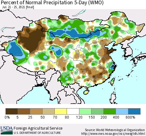 China, Mongolia and Taiwan Percent of Normal Precipitation 5-Day (WMO) Thematic Map For 7/21/2021 - 7/25/2021