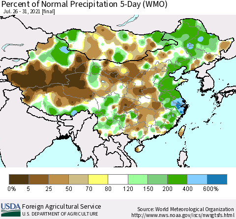China, Mongolia and Taiwan Percent of Normal Precipitation 5-Day (WMO) Thematic Map For 7/26/2021 - 7/31/2021
