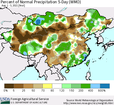 China, Mongolia and Taiwan Percent of Normal Precipitation 5-Day (WMO) Thematic Map For 8/1/2021 - 8/5/2021