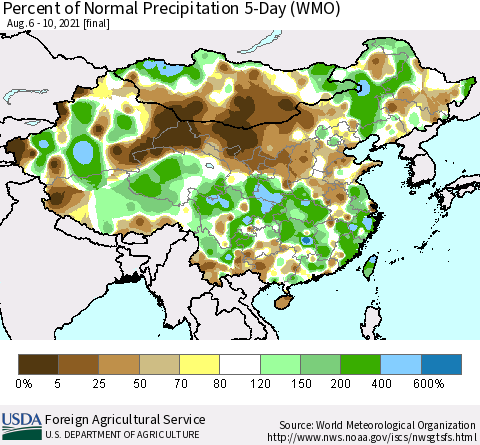 China, Mongolia and Taiwan Percent of Normal Precipitation 5-Day (WMO) Thematic Map For 8/6/2021 - 8/10/2021
