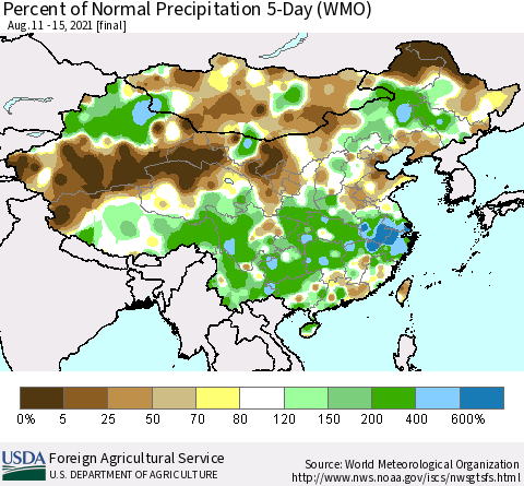 China, Mongolia and Taiwan Percent of Normal Precipitation 5-Day (WMO) Thematic Map For 8/11/2021 - 8/15/2021