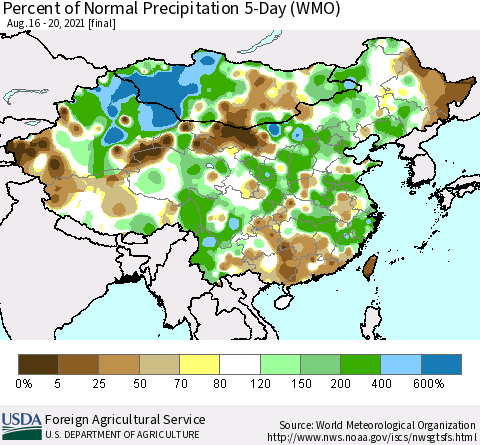 China, Mongolia and Taiwan Percent of Normal Precipitation 5-Day (WMO) Thematic Map For 8/16/2021 - 8/20/2021