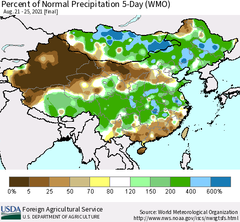 China, Mongolia and Taiwan Percent of Normal Precipitation 5-Day (WMO) Thematic Map For 8/21/2021 - 8/25/2021