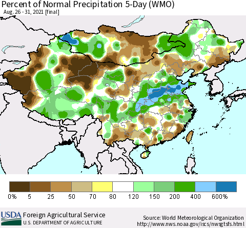 China, Mongolia and Taiwan Percent of Normal Precipitation 5-Day (WMO) Thematic Map For 8/26/2021 - 8/31/2021