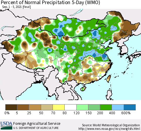 China, Mongolia and Taiwan Percent of Normal Precipitation 5-Day (WMO) Thematic Map For 9/1/2021 - 9/5/2021