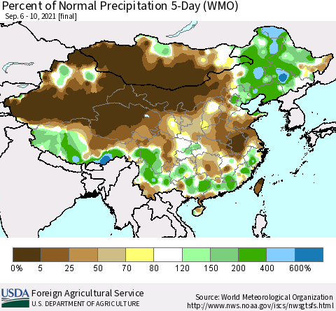 China, Mongolia and Taiwan Percent of Normal Precipitation 5-Day (WMO) Thematic Map For 9/6/2021 - 9/10/2021