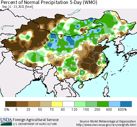China, Mongolia and Taiwan Percent of Normal Precipitation 5-Day (WMO) Thematic Map For 9/11/2021 - 9/15/2021