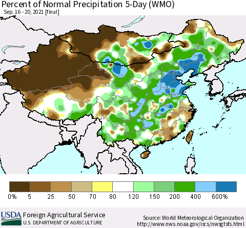 China, Mongolia and Taiwan Percent of Normal Precipitation 5-Day (WMO) Thematic Map For 9/16/2021 - 9/20/2021