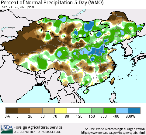 China, Mongolia and Taiwan Percent of Normal Precipitation 5-Day (WMO) Thematic Map For 9/21/2021 - 9/25/2021