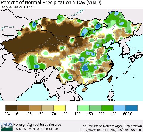 China, Mongolia and Taiwan Percent of Normal Precipitation 5-Day (WMO) Thematic Map For 9/26/2021 - 9/30/2021