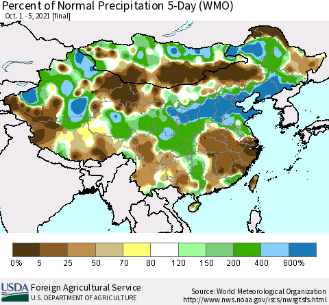 China, Mongolia and Taiwan Percent of Normal Precipitation 5-Day (WMO) Thematic Map For 10/1/2021 - 10/5/2021