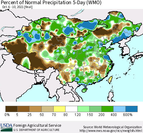 China, Mongolia and Taiwan Percent of Normal Precipitation 5-Day (WMO) Thematic Map For 10/6/2021 - 10/10/2021