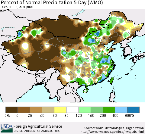 China, Mongolia and Taiwan Percent of Normal Precipitation 5-Day (WMO) Thematic Map For 10/11/2021 - 10/15/2021
