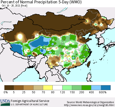 China, Mongolia and Taiwan Percent of Normal Precipitation 5-Day (WMO) Thematic Map For 10/16/2021 - 10/20/2021