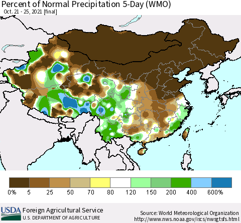 China, Mongolia and Taiwan Percent of Normal Precipitation 5-Day (WMO) Thematic Map For 10/21/2021 - 10/25/2021
