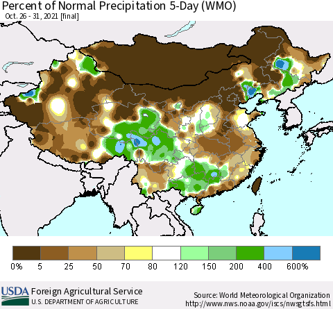 China, Mongolia and Taiwan Percent of Normal Precipitation 5-Day (WMO) Thematic Map For 10/26/2021 - 10/31/2021