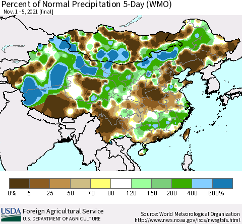 China, Mongolia and Taiwan Percent of Normal Precipitation 5-Day (WMO) Thematic Map For 11/1/2021 - 11/5/2021
