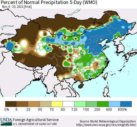China, Mongolia and Taiwan Percent of Normal Precipitation 5-Day (WMO) Thematic Map For 11/6/2021 - 11/10/2021