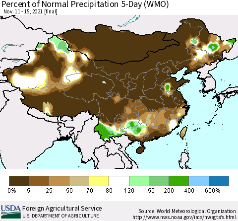 China, Mongolia and Taiwan Percent of Normal Precipitation 5-Day (WMO) Thematic Map For 11/11/2021 - 11/15/2021