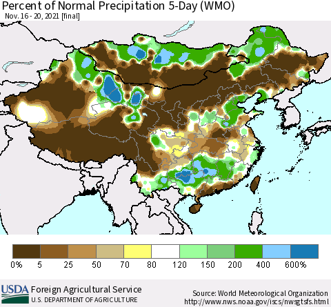 China, Mongolia and Taiwan Percent of Normal Precipitation 5-Day (WMO) Thematic Map For 11/16/2021 - 11/20/2021