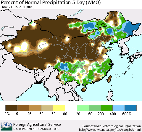 China, Mongolia and Taiwan Percent of Normal Precipitation 5-Day (WMO) Thematic Map For 11/21/2021 - 11/25/2021