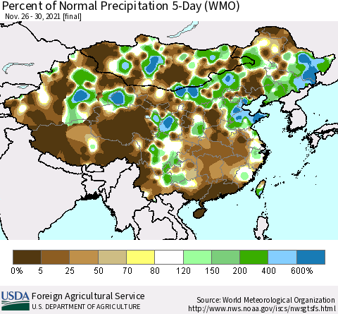 China, Mongolia and Taiwan Percent of Normal Precipitation 5-Day (WMO) Thematic Map For 11/26/2021 - 11/30/2021