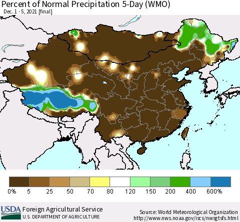 China, Mongolia and Taiwan Percent of Normal Precipitation 5-Day (WMO) Thematic Map For 12/1/2021 - 12/5/2021