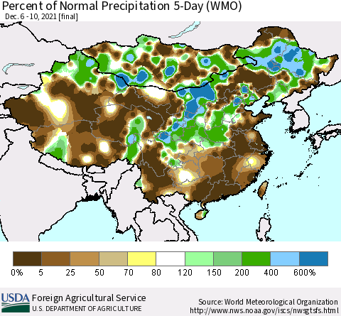 China, Mongolia and Taiwan Percent of Normal Precipitation 5-Day (WMO) Thematic Map For 12/6/2021 - 12/10/2021