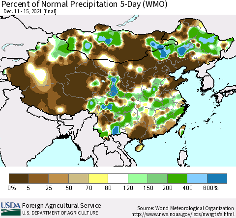 China, Mongolia and Taiwan Percent of Normal Precipitation 5-Day (WMO) Thematic Map For 12/11/2021 - 12/15/2021