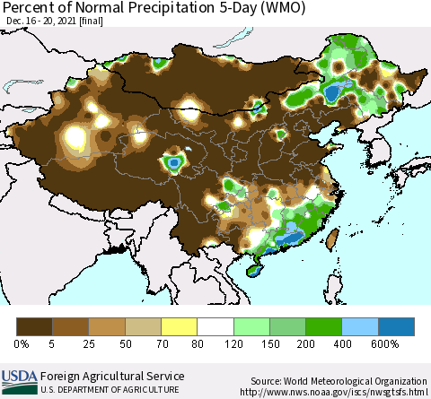 China, Mongolia and Taiwan Percent of Normal Precipitation 5-Day (WMO) Thematic Map For 12/16/2021 - 12/20/2021