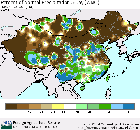 China, Mongolia and Taiwan Percent of Normal Precipitation 5-Day (WMO) Thematic Map For 12/21/2021 - 12/25/2021