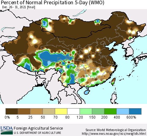 China, Mongolia and Taiwan Percent of Normal Precipitation 5-Day (WMO) Thematic Map For 12/26/2021 - 12/31/2021