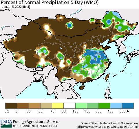 China, Mongolia and Taiwan Percent of Normal Precipitation 5-Day (WMO) Thematic Map For 1/1/2022 - 1/5/2022