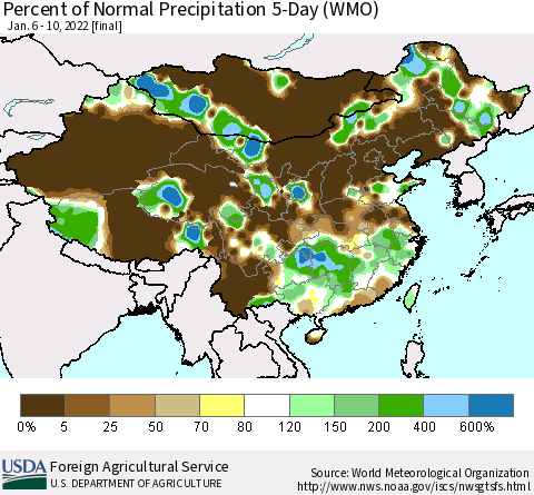 China, Mongolia and Taiwan Percent of Normal Precipitation 5-Day (WMO) Thematic Map For 1/6/2022 - 1/10/2022