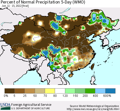 China, Mongolia and Taiwan Percent of Normal Precipitation 5-Day (WMO) Thematic Map For 1/11/2022 - 1/15/2022