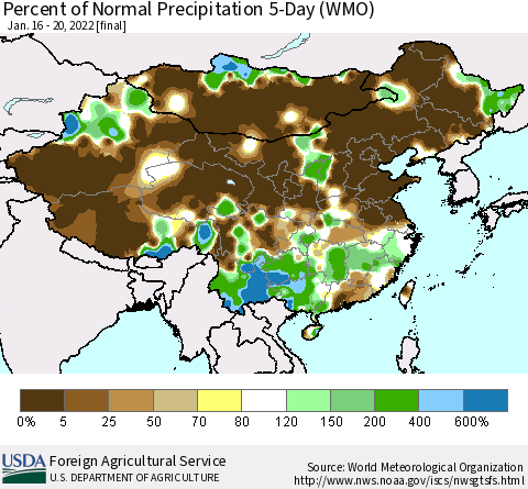 China, Mongolia and Taiwan Percent of Normal Precipitation 5-Day (WMO) Thematic Map For 1/16/2022 - 1/20/2022