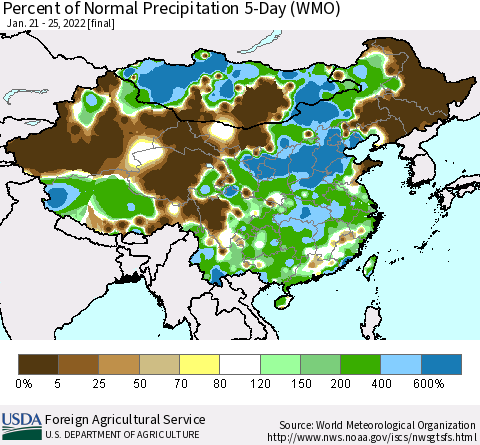 China, Mongolia and Taiwan Percent of Normal Precipitation 5-Day (WMO) Thematic Map For 1/21/2022 - 1/25/2022