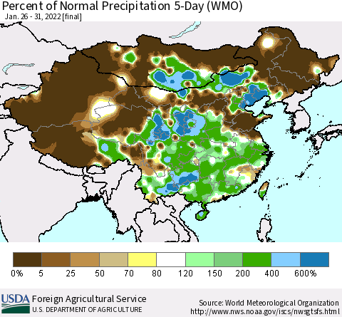 China, Mongolia and Taiwan Percent of Normal Precipitation 5-Day (WMO) Thematic Map For 1/26/2022 - 1/31/2022