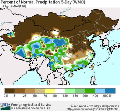 China, Mongolia and Taiwan Percent of Normal Precipitation 5-Day (WMO) Thematic Map For 2/1/2022 - 2/5/2022