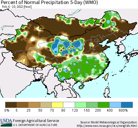 China, Mongolia and Taiwan Percent of Normal Precipitation 5-Day (WMO) Thematic Map For 2/6/2022 - 2/10/2022