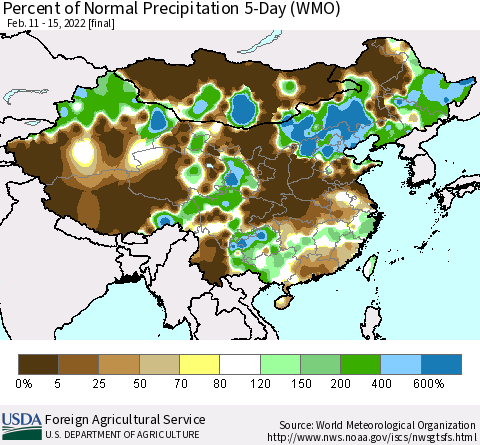 China, Mongolia and Taiwan Percent of Normal Precipitation 5-Day (WMO) Thematic Map For 2/11/2022 - 2/15/2022