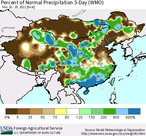 China, Mongolia and Taiwan Percent of Normal Precipitation 5-Day (WMO) Thematic Map For 2/16/2022 - 2/20/2022