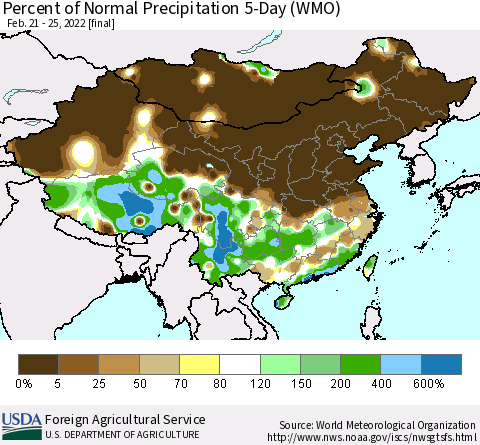 China, Mongolia and Taiwan Percent of Normal Precipitation 5-Day (WMO) Thematic Map For 2/21/2022 - 2/25/2022